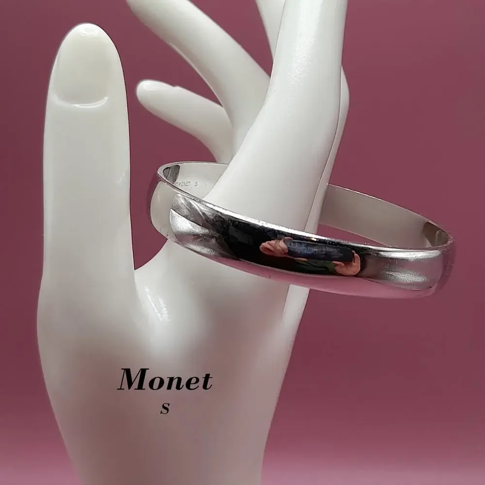 Vintage Monet Silver Tone Bangle Bracelet, Size Small, Signed 1980s Jewelry